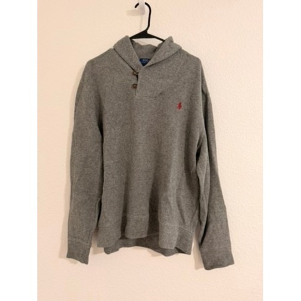 Polo Ralph Lauren Mens Gray Cotton Shawl Collar Button Sweater Large Preppy